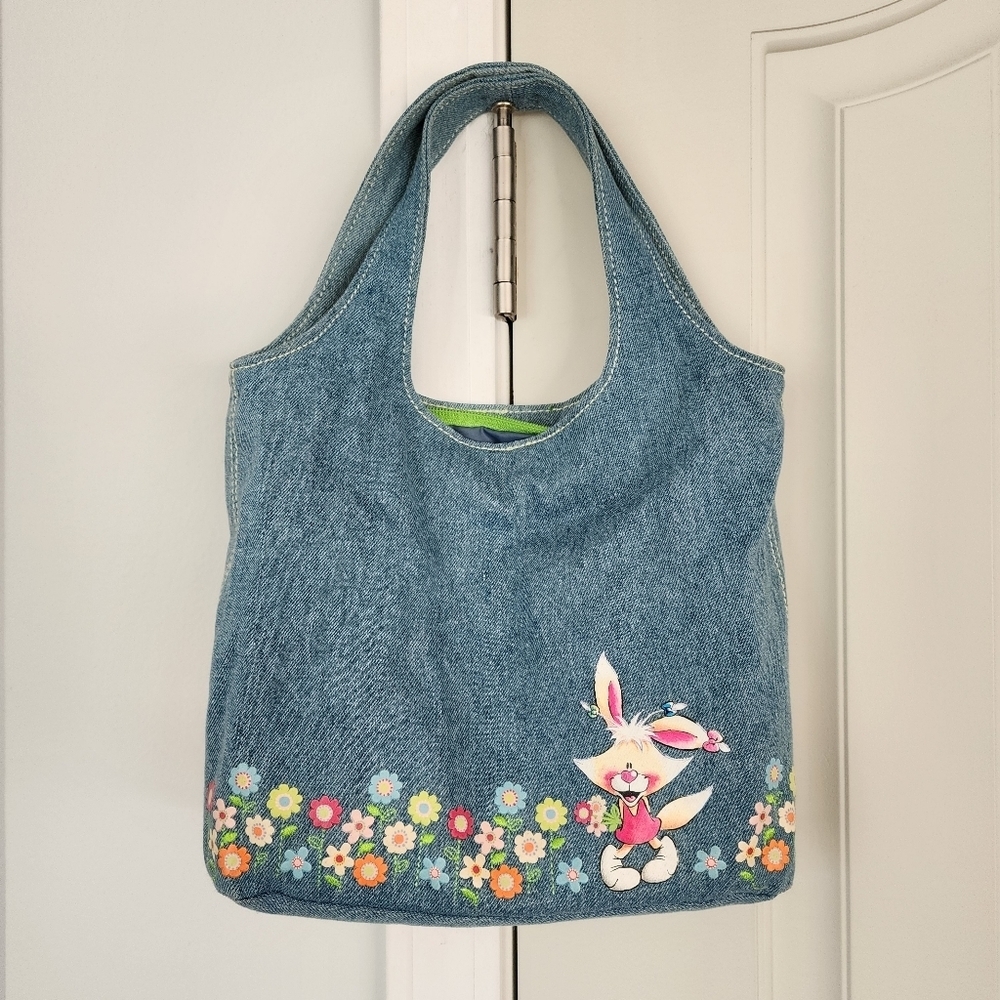 Mimihopps Denim Purse With Bunny and Flowers